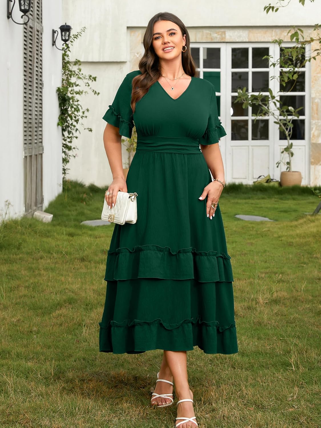RWJ Womens 2026 Summer Plus Size Wedding Guest Dresses Ruffle Sleeve V Neck A Line Flowy Tiered Maxi Dress - Image 7