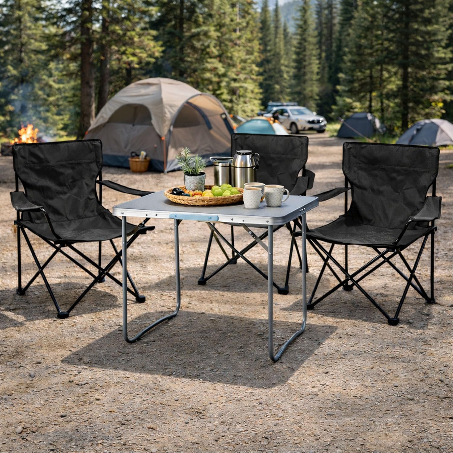 Mojawo 4tlg. Campingmöbel Set Alu 80x60x68cm 1x XL Campingtisch mit Tragegriff + 3 Anglerstühle, Faltstühle Schwarz