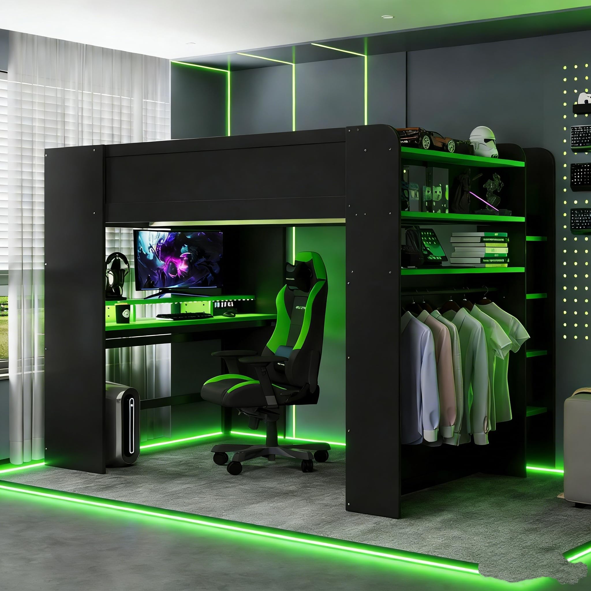 Full Size Wood Bunk Bed with Height-Adjustable Desk and Wardrobe,USB Port and RGB Light,for Kids Teens Adults Bedroom Use (Green#Wardrobe, Full)