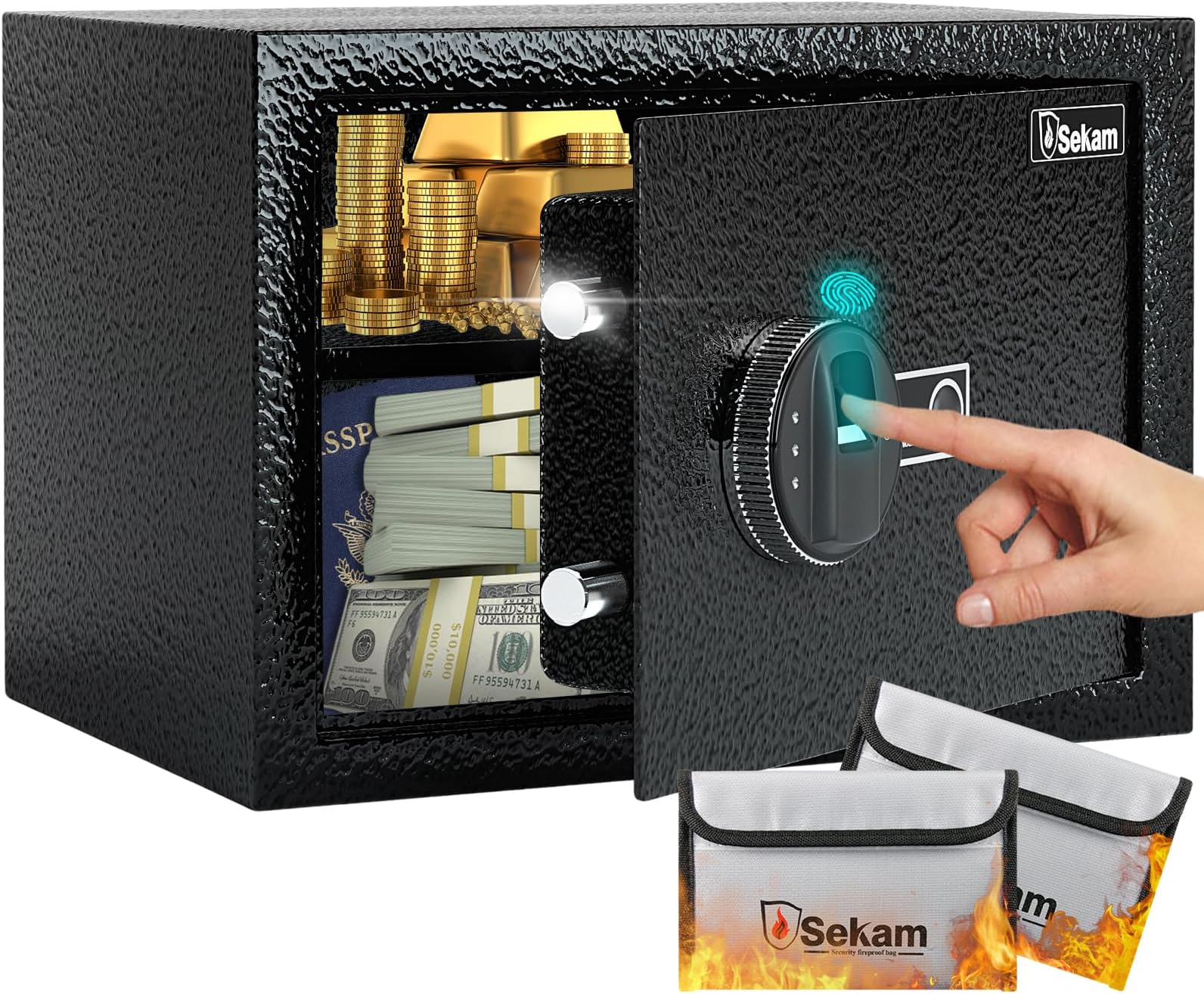 SEKAM Biometric Fingerprint Safe Box, Security Safe with Fingerprint Access, Personal Safe with Electronic Lock, Safe Box Waterproof Fireproof, Home Safe for Cash Jewelry Important Documents Guns