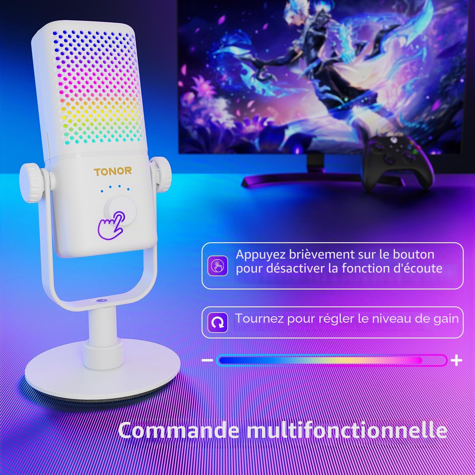 TONOR Micro Gaming Compatible avec Xbox, Microphone de Streaming à Condensateur RGB avec Autonomie de Batterie de 30 Heures, Coupure du Son en Un Clic, Compatible avec Xbox, Blanc, 200cm,TCX3