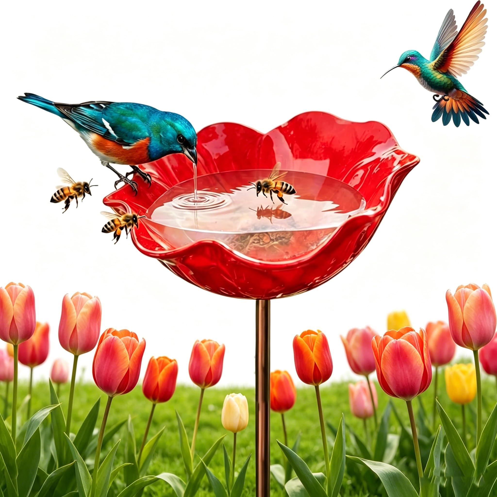 2026 New Handmade Metal Flower Garden Stake Bird Bath, Bee Watering Station with Poppy-Shaped Design, Weather-Resistant Outdoor Yard Art for Garden Patio Yard Lawn (Red)