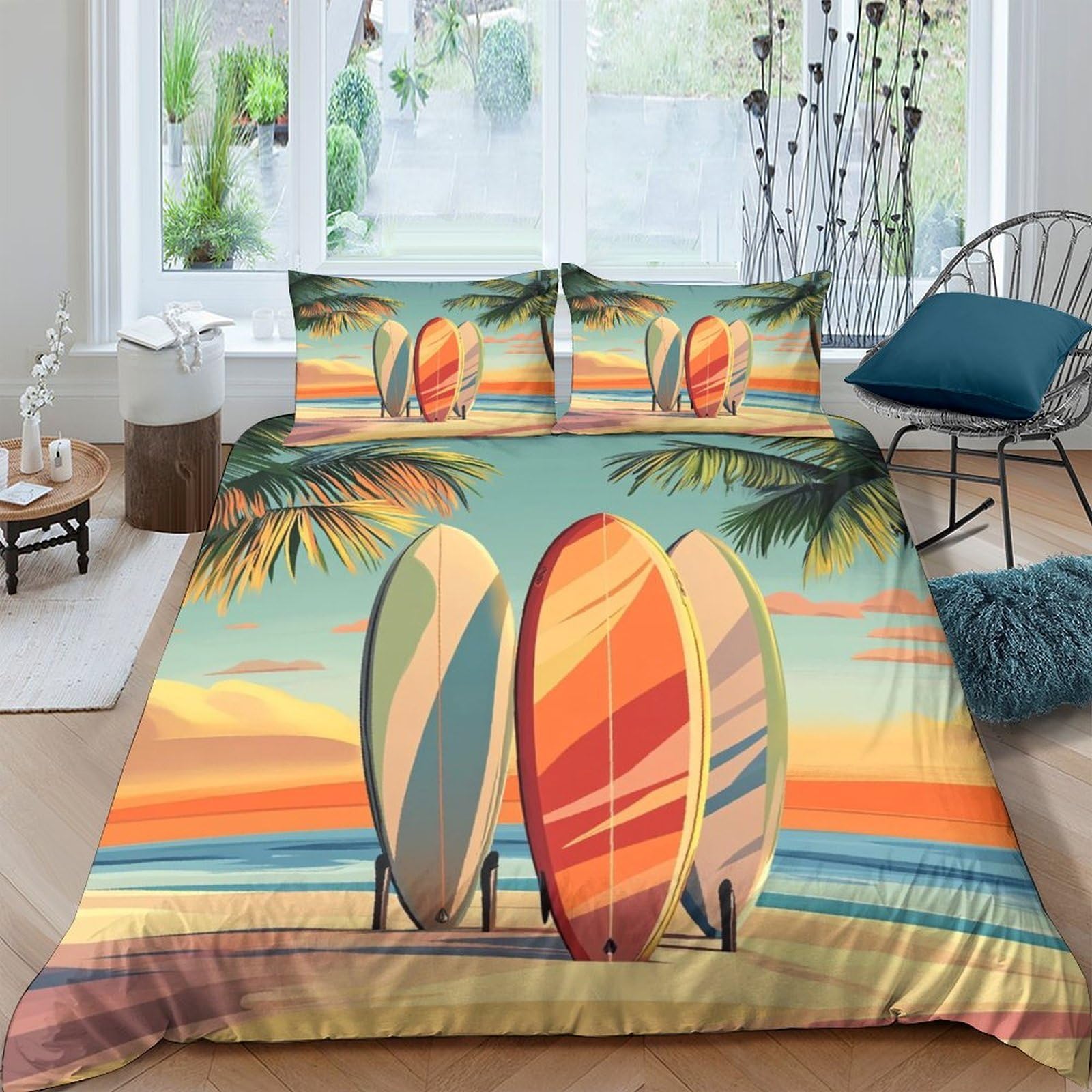 Ctjqhvkz Style-2 3D Printed Sunset Beach Fitted Sheet Microfiber Soft Surfboard Bed Cover For Bedroom Decor Mattress Protection Single（135X200cm）