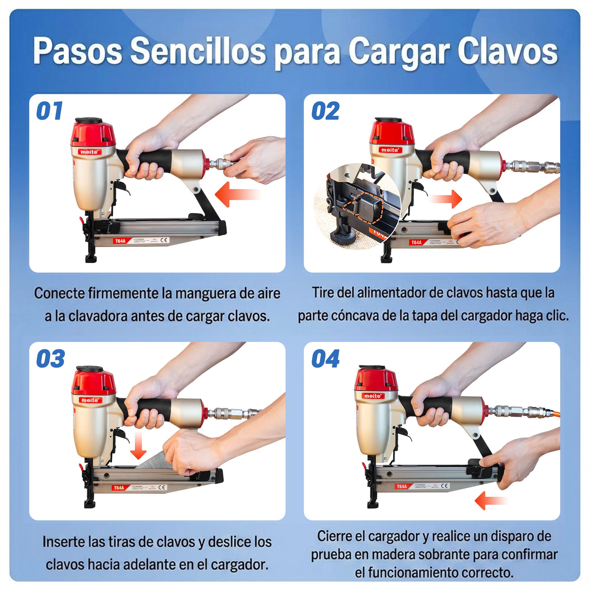 meite Clavadora de Acabado Neumática Calibre 16, Pistola de Clavos Rectos con Liberación Rápida de Atascos para Rodapiés, Armarios y Molduras, Compatible con Clavos de 32 a 64 mm