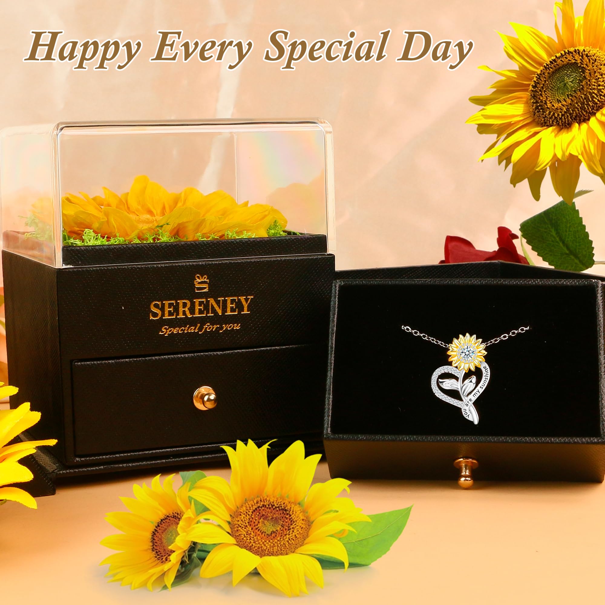 Sereney Preserved Sunflower Gifts for Women, Sunflower Necklace You are My Sunshine as Christmas Day Gift for Her, Silver Necklace Anniversary Birthday Gifts for Wife Daughter Girlfriend