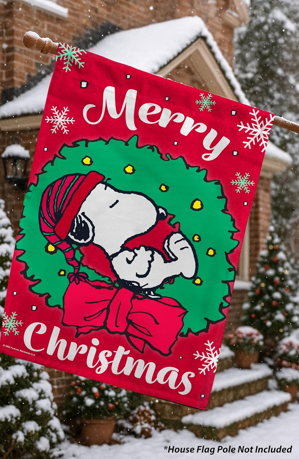 Flagology.com, PEANUTS Snoopy Merry Christmas Wreath House Flag 28" x 40", Outdoor Flag, Exclusive Premium Fabric, Officially Licensed PEANUTS, Christmas