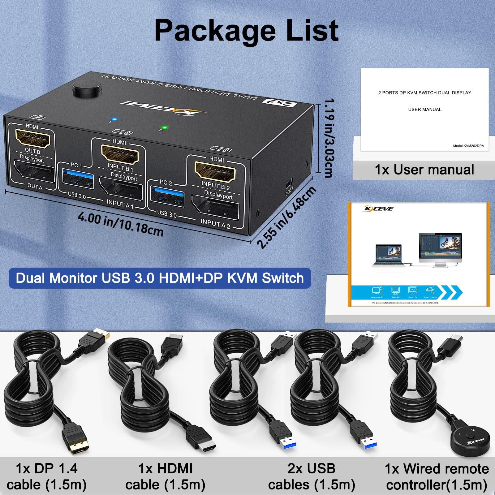 Switch KVM 4K @ 60Hz DP HDMI 2 PCs 2 moniteurs, commutateur KVM double moniteur 2 PC avec 4 ports USB 3.0 communs, y compris HDMI, DP et câble USB, ainsi que télécommande filaire