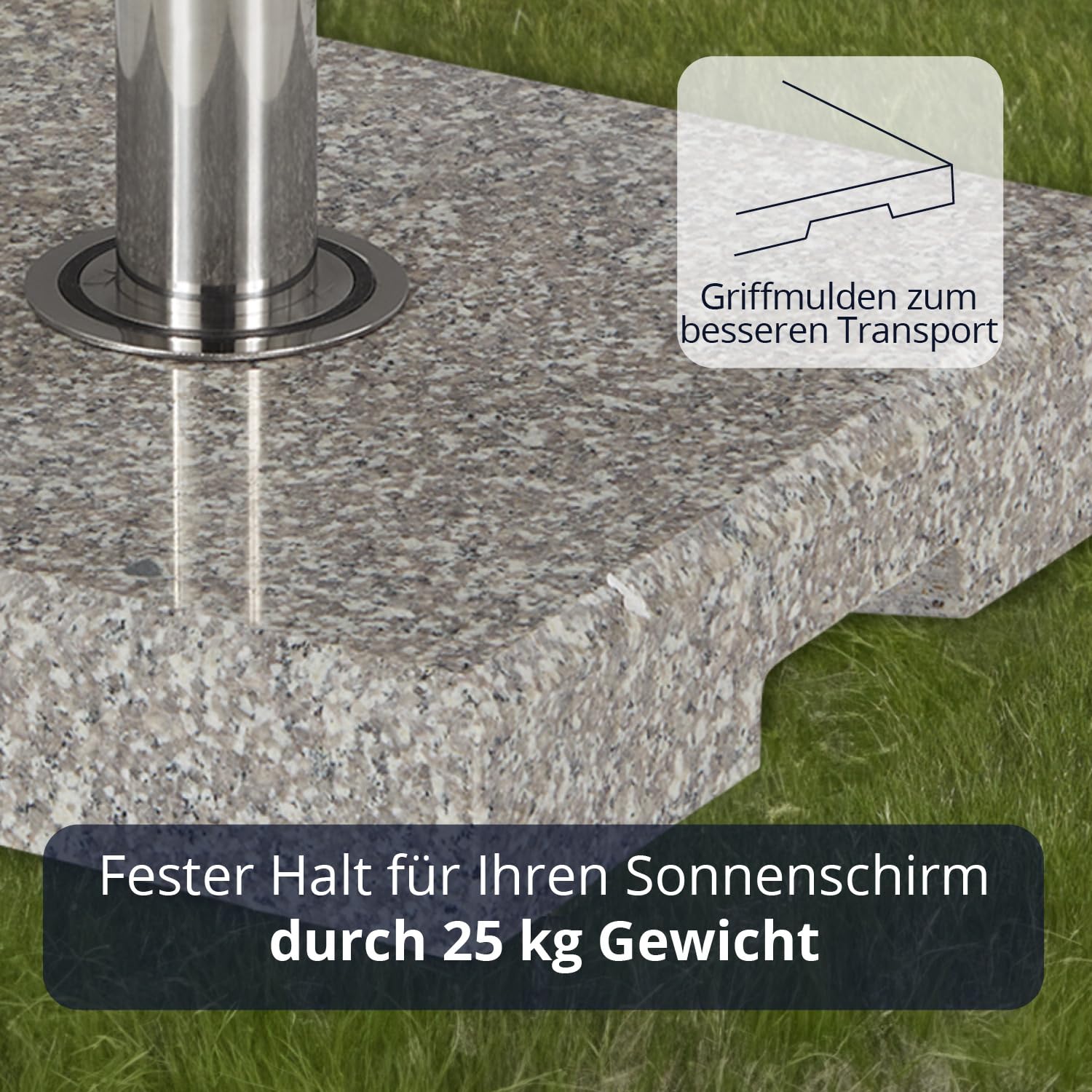 KHG Sonnenschirmständer aus Granit, Schirmständer grau quadratisch, 38 x 38 cm, mit Einsätzen für alle gängigen Schirmgrößen, 25 kg mit Griffmulden