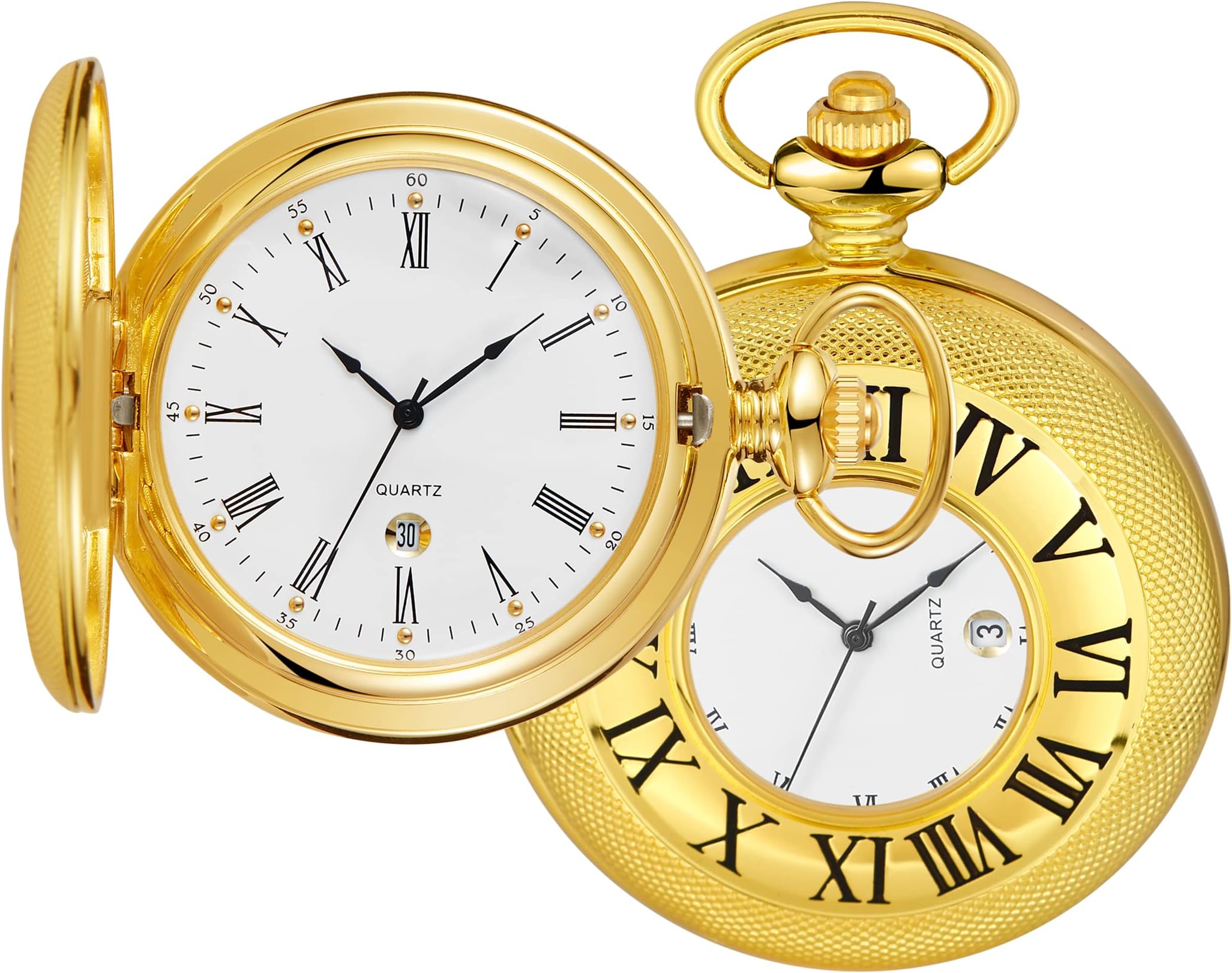RealpooRealpoo Hollow Roman Digital Pocket Watch Cover for Men, Calendar Roman Dial Men's Pocket Watch with Chain