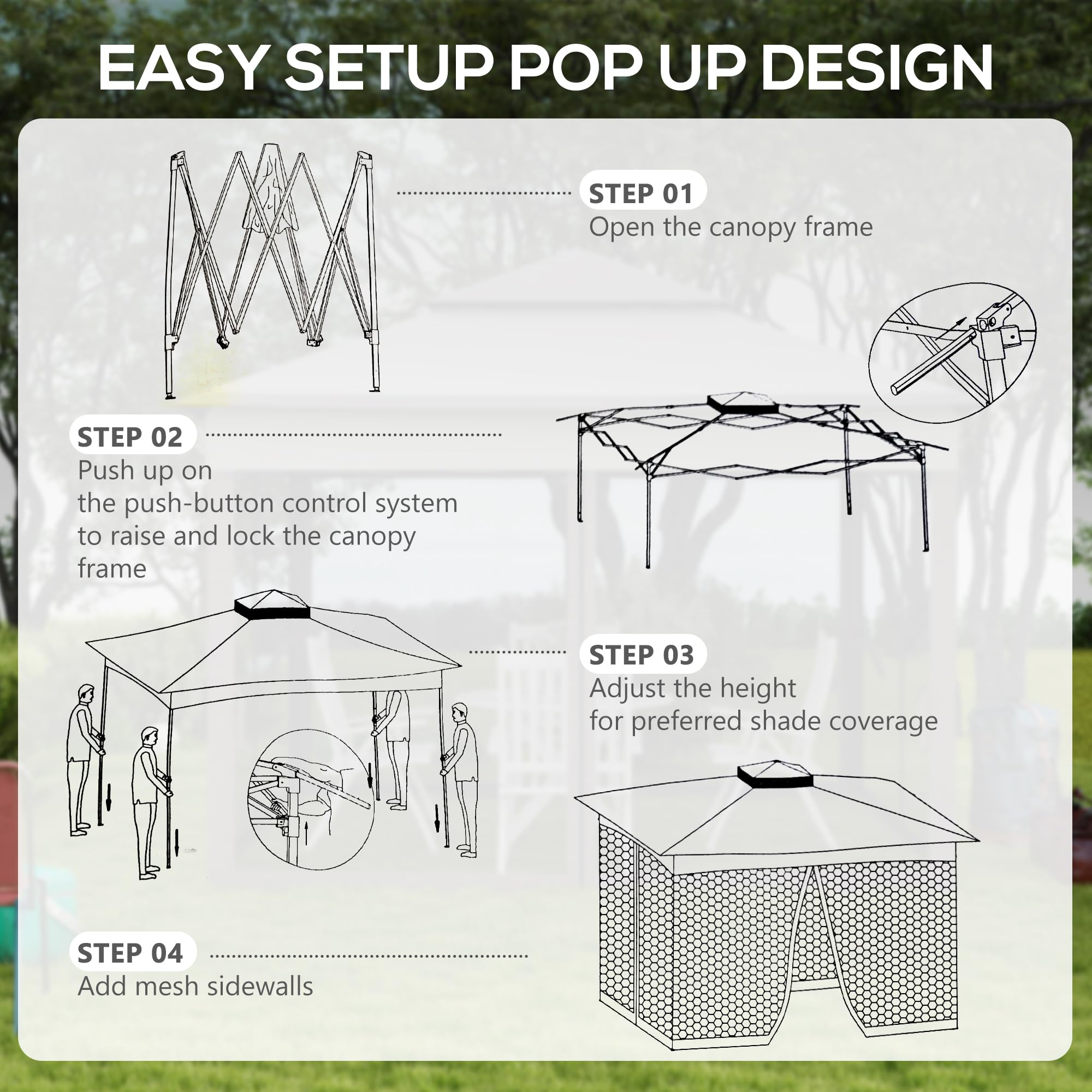 Outsunny Gazebo da giardino pieghevole pop-up Barum, 3 x 3 m, poliestere metallico, protezione UV impermeabile, zanzariera + borsa di trasporto, crema