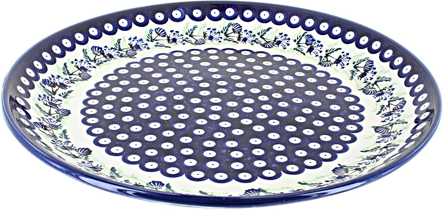 Blue Rose Polish Pottery - Blue Nature Large Round Platter - 13" Diameter - Unique Platter for Dinner Parties, Very Durable & Dishwasher Safe