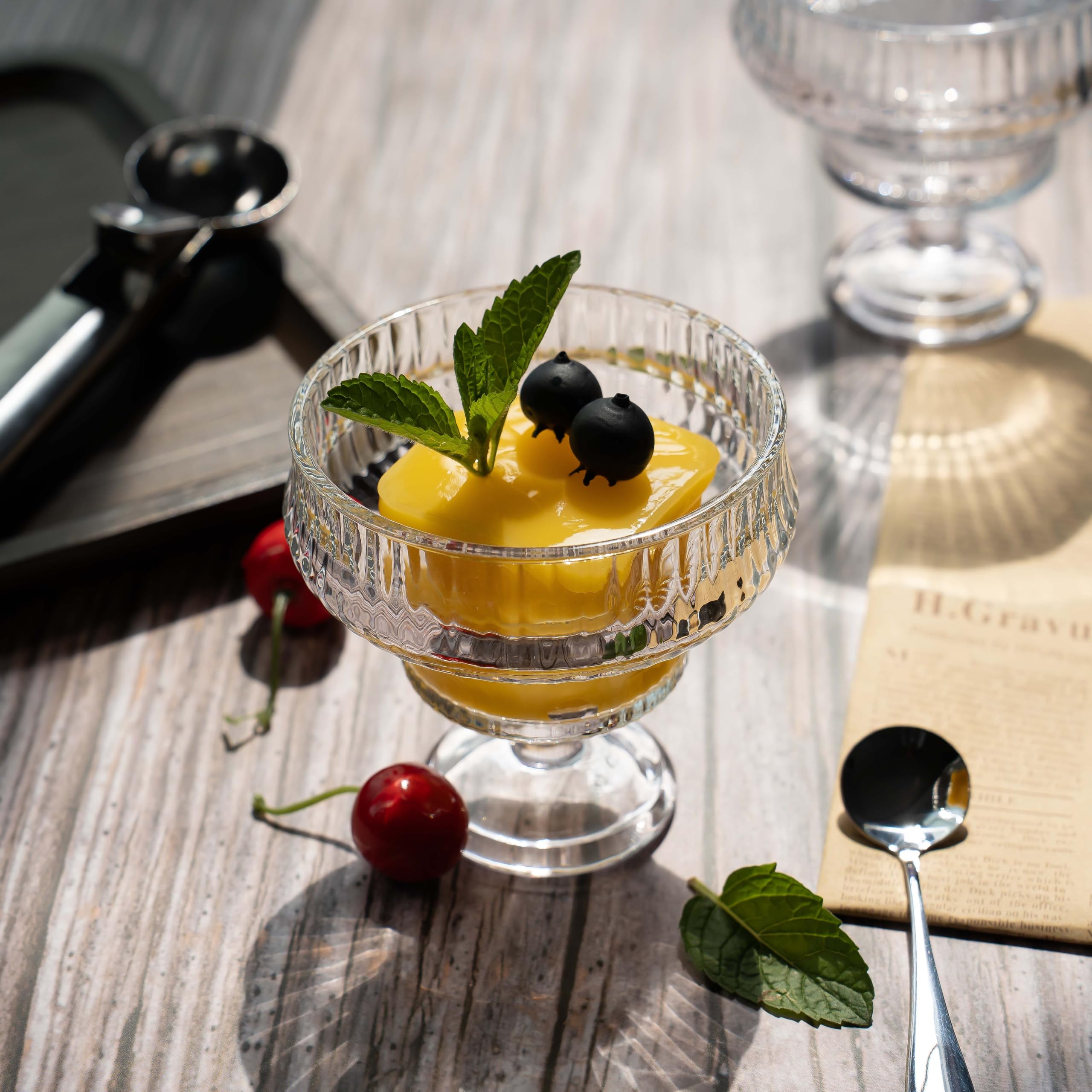 6 ciotole da dessert in vetro da 300 ml con cucchiai, ciotole per gelato con piedi in cristallo, per gelato, parfait, insalata e cocktail di gamberetti, eleganti bicchieri decorativi, snack, caramelle