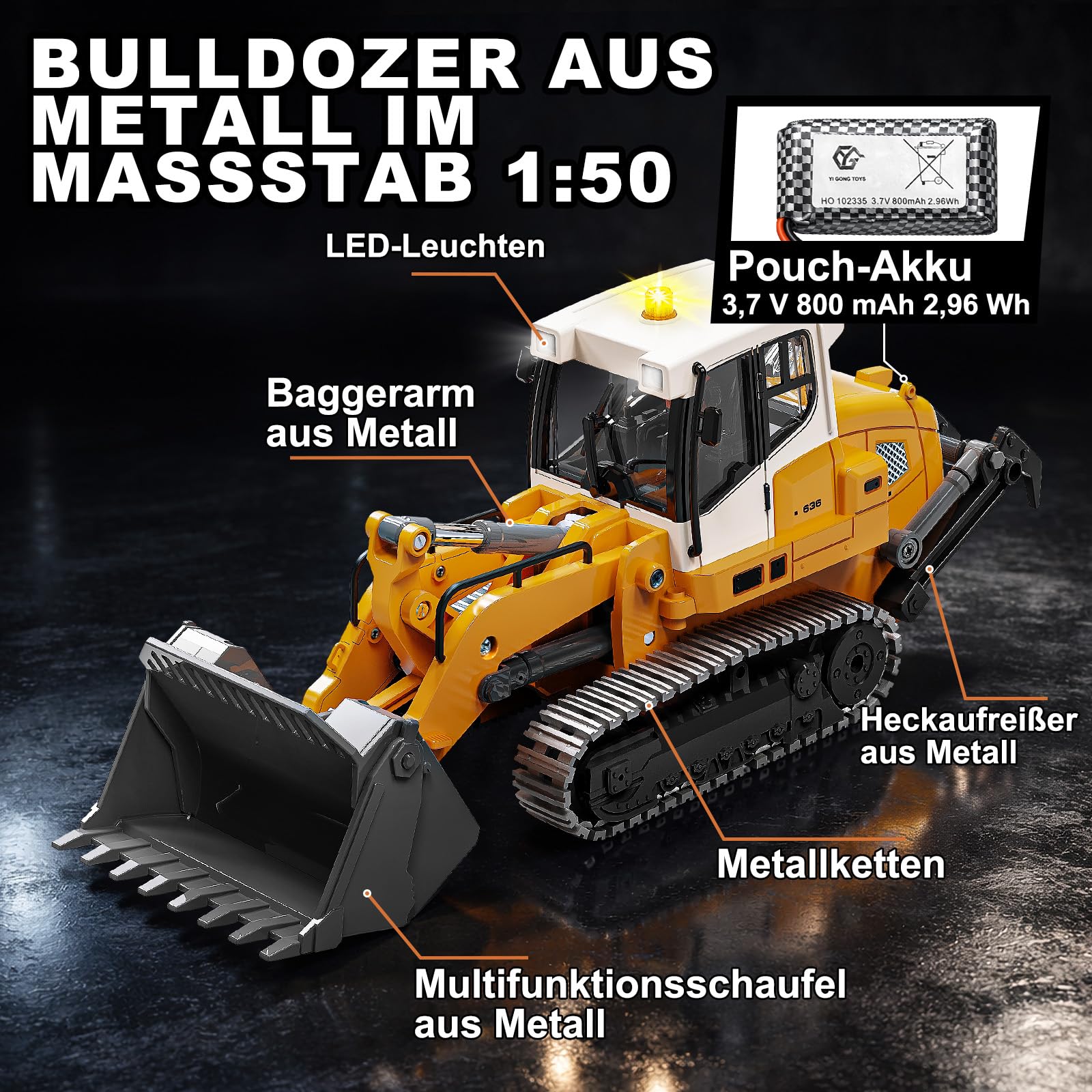 RC Radlader 1:50,Mini RC Loader Laderaupe Spindelantrieb | mit Metallschaufel, Metallketten, 2,4 GHz LCD-Fernbedienung, Licht & Sound, 2 Akkus, für Erwachsene und ab 6 Jahren