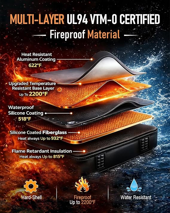 Fireproof Document Box - Hard-Shell Design Waterproof & Fireproof Document Safe with Lock, Fire Box Safe for Documents, Laptops, Passports Ex.16.5 x 12 x 5 inches, Black
