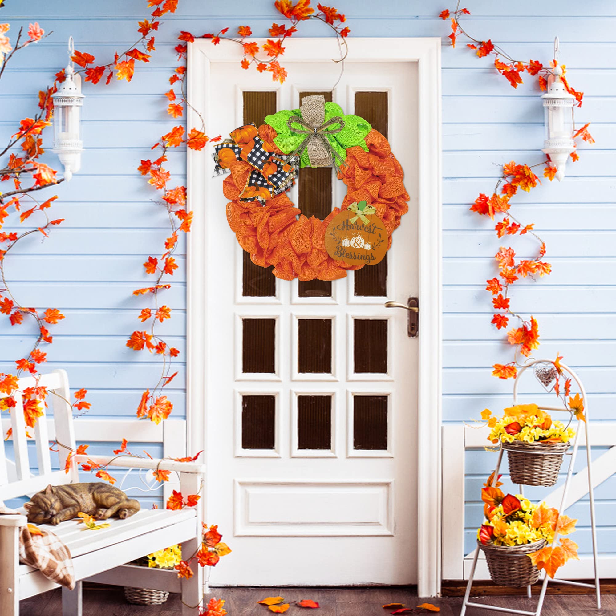 Fall Burlap Wreath Autumn Wreaths for Front Door Farmhouse, Thanksgiving Pumpkin Wreath with Buffalo Plaid Bows Wooden Pumpkin Decor for Fall Thanksgiving Decorations Indoor Outdoor