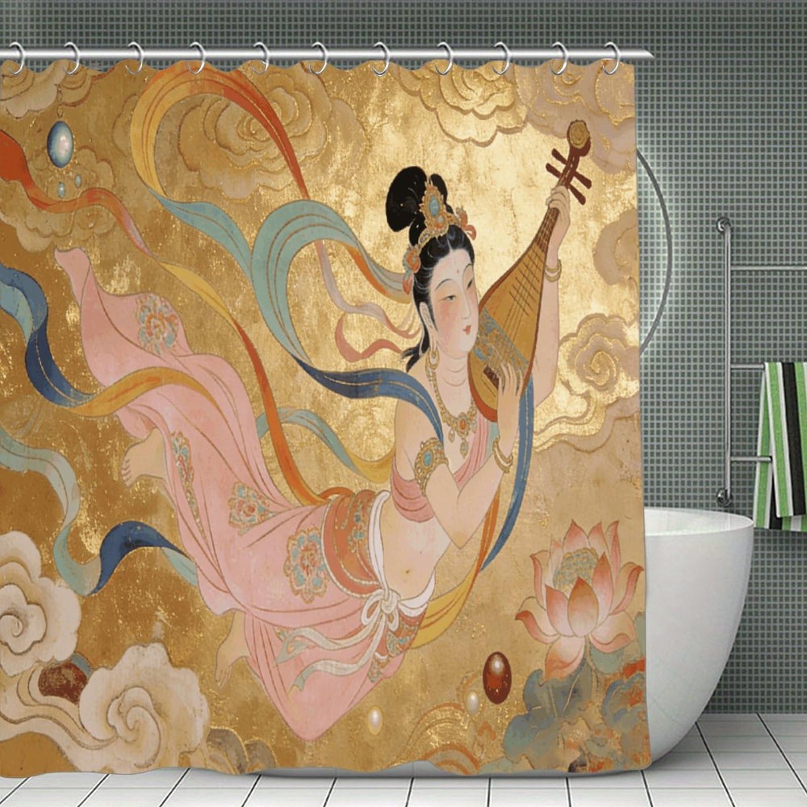 VstaDank Lute Fairy in The Clouds Shower Curtain Light-Weight Blackout Bathroom Curtain Washable Shower Liner 71x71 Inch Bath Curtain with Metal Holes Bathtub Bath Room