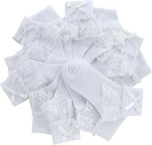 Miniatura 5 de ToBeInStyle Paquete de 6 o 12 calcetines tobilleros para niñas y bebés con ribete de volantes de encaje y cinta