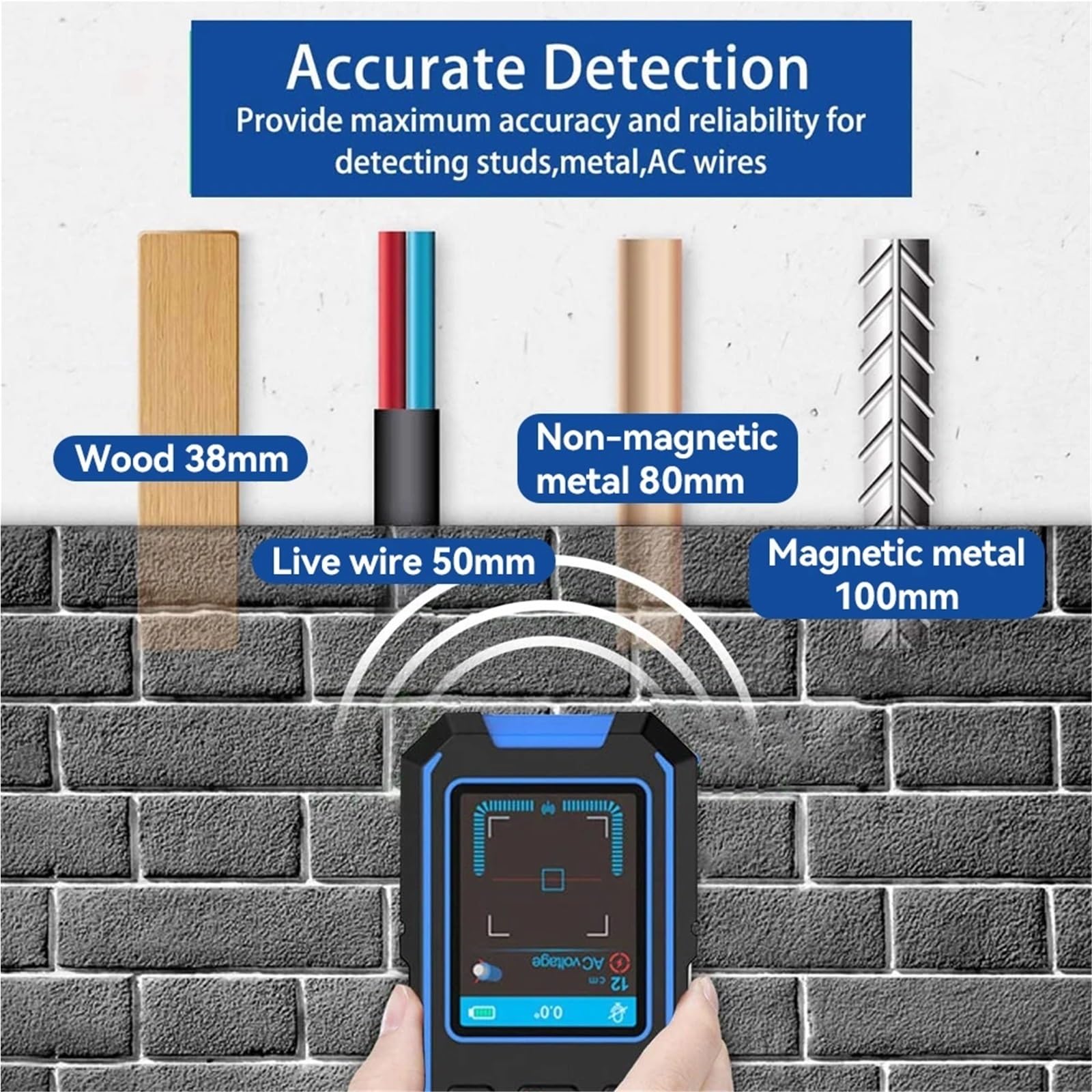 Leitungssuchgerät, Wandscanner LCD-Display Metalldetektor Erkennen von Metall Holz AC Live Wire Kupfer Multifunktions-Bolzensucher