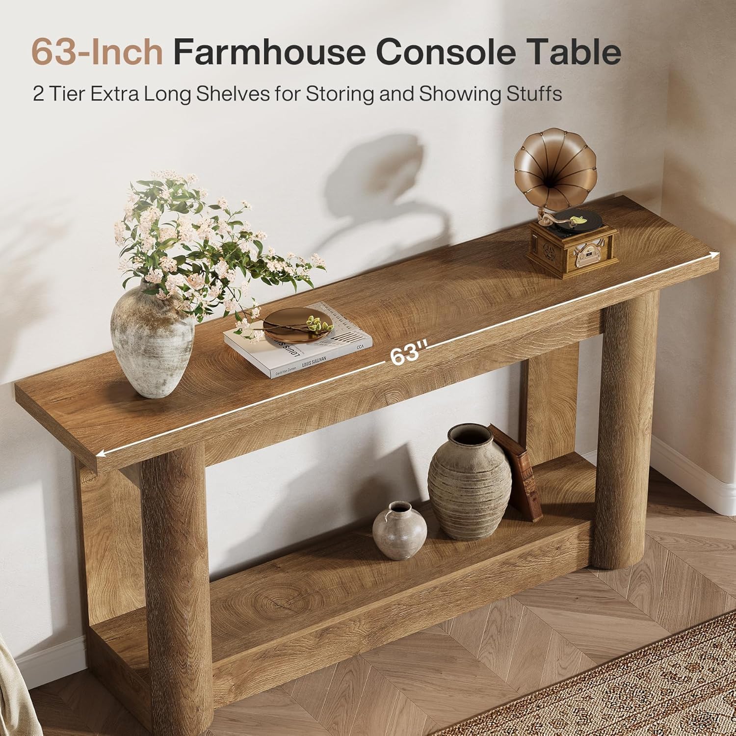 Lailang 160cm Konsola do przedpokoju w Stylu Farmhouse, Prostokątny Stół Konsolowy, Stolik sofa z 2 poziomami, Drewniana Konsola do korytarza, Wąski Stolik wejściowy, 160 x 40 x 76 cm, Brązowy
