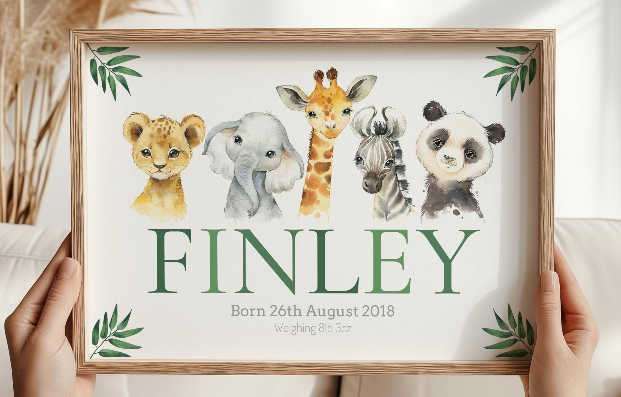 Eviepops Prints Personalised Safari Animals Unframed Poster Print For Boy Girl Bedroom Nursery, Personalise Name/Birthday/Weight Details, Lion Elephant Giraffe Zebra Panda, Gift Present (A3)