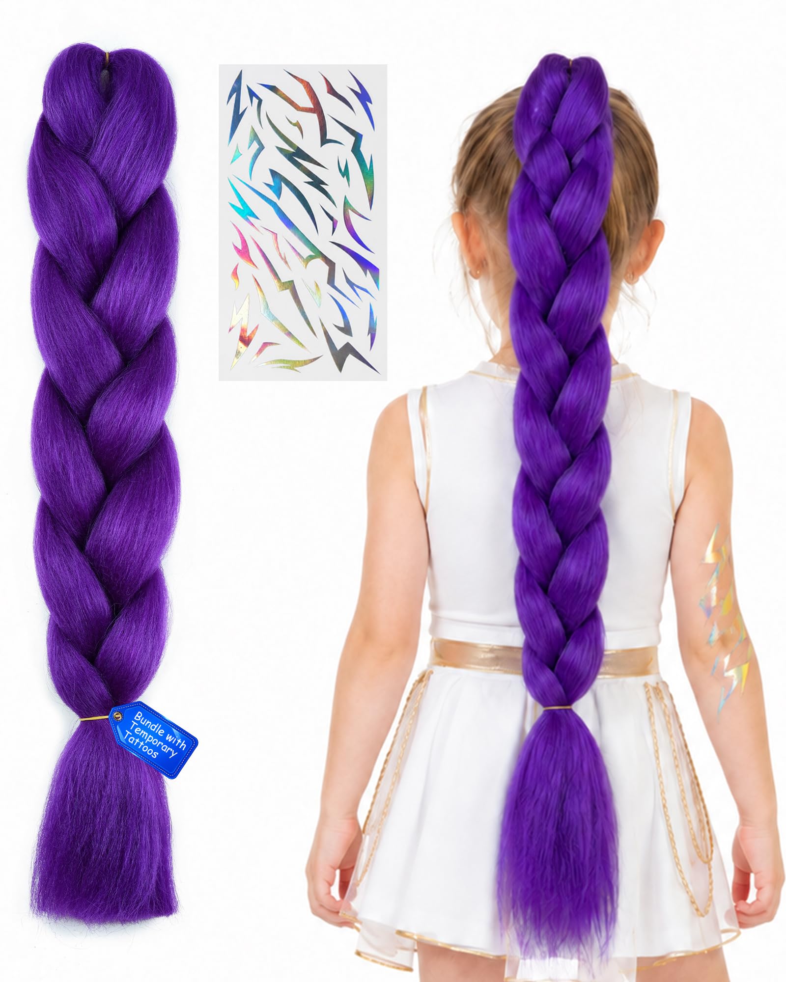 Yamel Purple Braiding Hair Extension for Women 1 Bundle 24 Inch Braids Purple braid + Temporary Tattoos hair with temporary tattoos