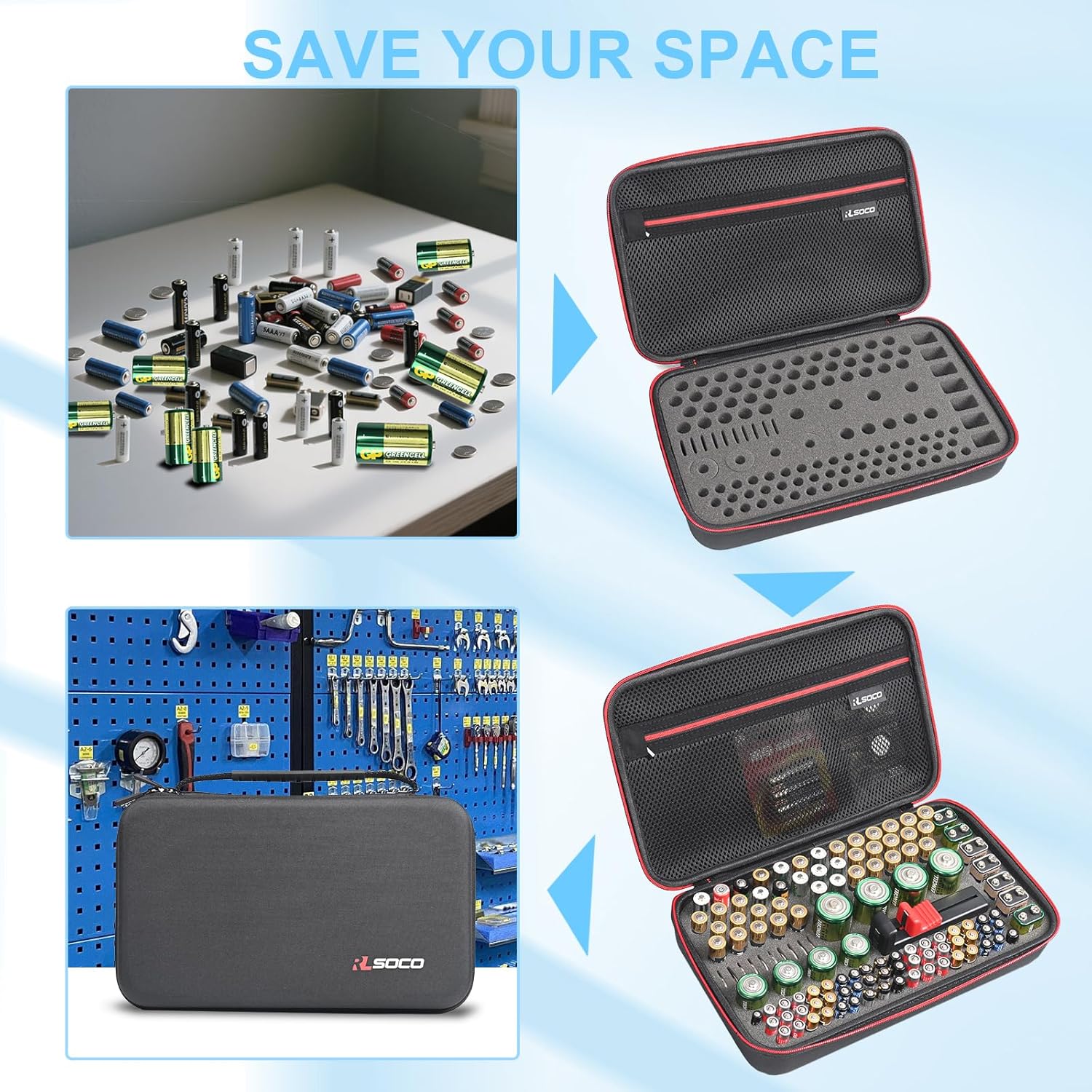 RLSOCO Battery Organizer Storage Case Holder Stores Up to 120+ Batteries: AA AAA C D 9V BT-168 and More | Compact Design with YKK Zipper (Note: Include a battery tester, Not include any batteries)