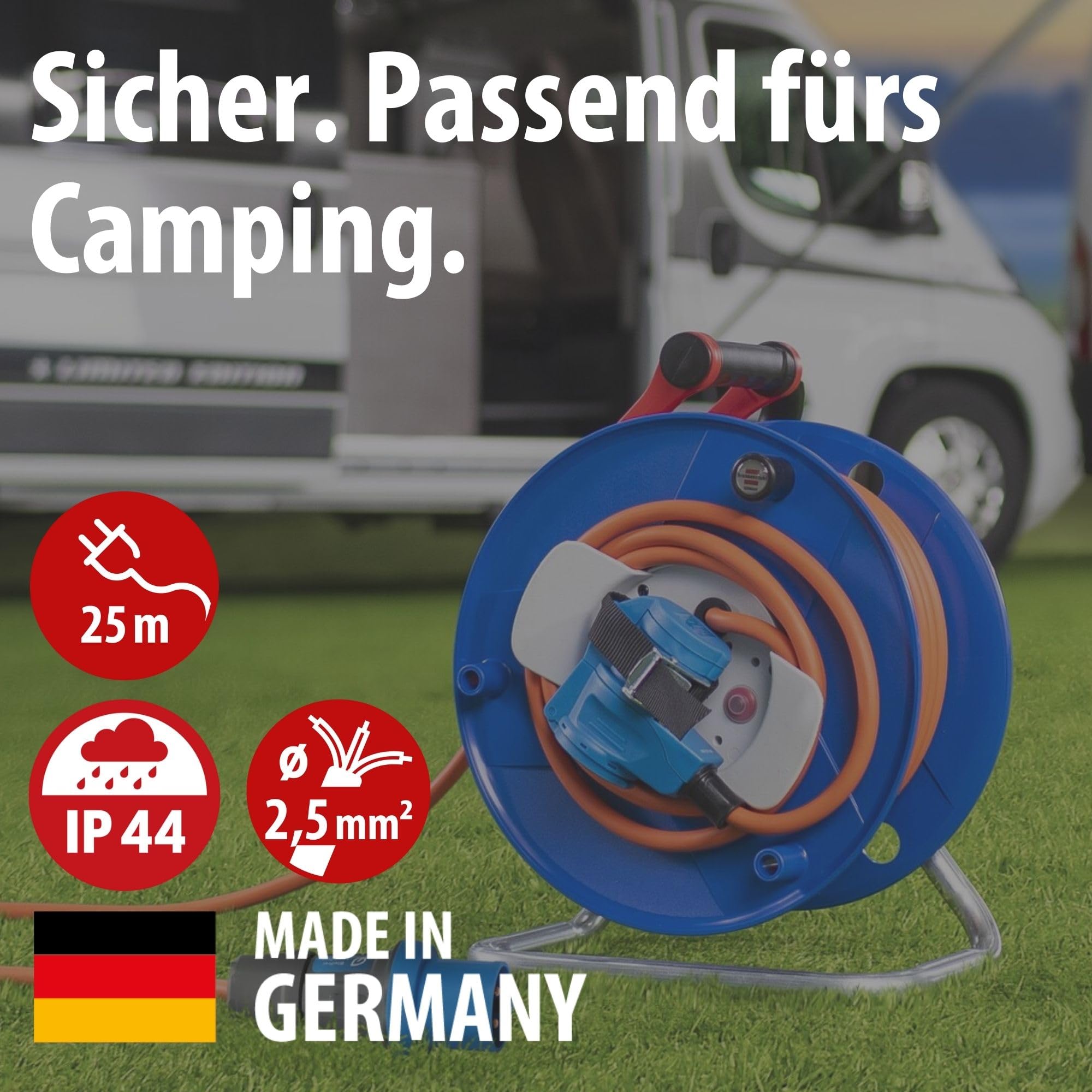 Brennenstuhl Camping-Kabeltrommel 25m, 230V,(H07RN-F 3G2,5 in orange, CEE-Winkelkupplung inkl. Schutzkontakt-Kombisteckdose, für den ständigen Einsatz außen IP44, Made in Germany)