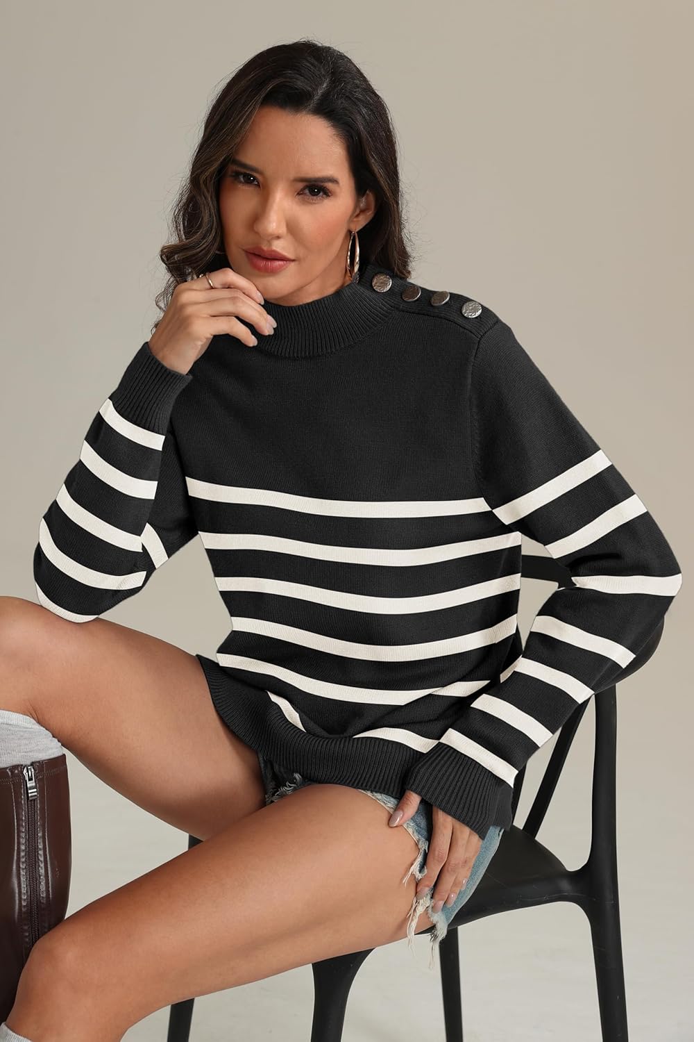 ATHMILE Fall Mock Neck Striped Sweaters for Women 2026 Winter Turtleneck Long Sleeve Knit Sweater Fashion Pullover Tops - Image 2