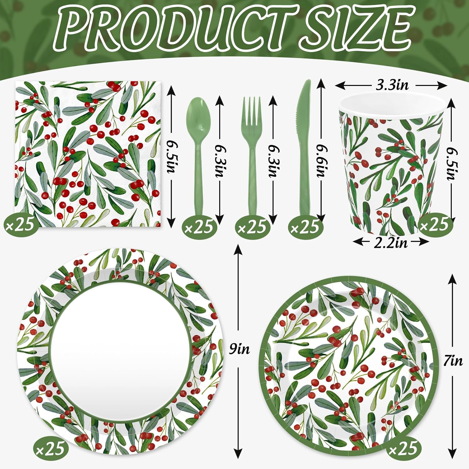 JarThenaAMCS 175Pcs Christmas Party Supplies Kit Green Holly Berry Tableware Set Disposable Dinnerware Paper Napkin Plate Cup Plastic Fork Knives Spoon for 25 Guests Party Favors