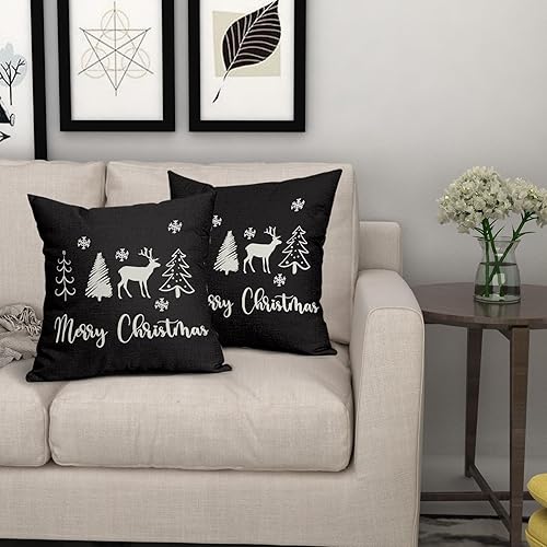 Miniatura 7 de Juego de 2 fundas de almohada de Navidad negras de 18 x 18 pulgadas, diseño de árbol de ciervo, copos de nieve, fundas de almohada decorativas de