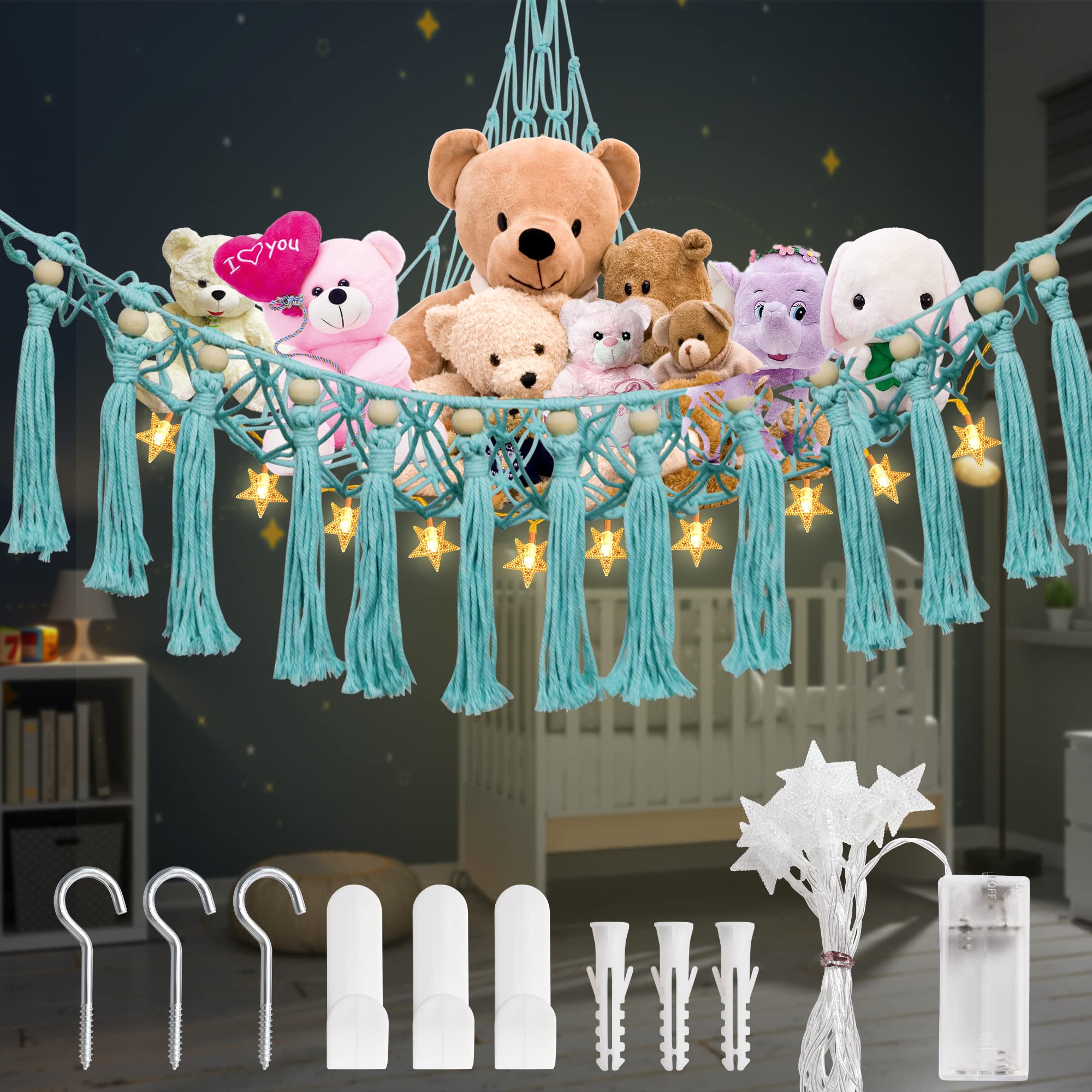 Stuffed Animals Net or Hammock With Light, Animal Hammock Holder with Hooks  for Hanging, Toys Organizer Suitable For Children's Room Bedroom