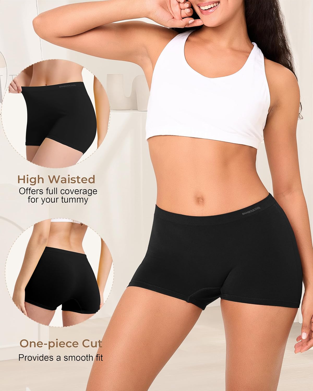 BAMBOO COOL Seamless Boyshort Underwear for Women Mid Waist Stretchy Panties Moisture Wicking Boxer Briefs 5 Pack - Image 3