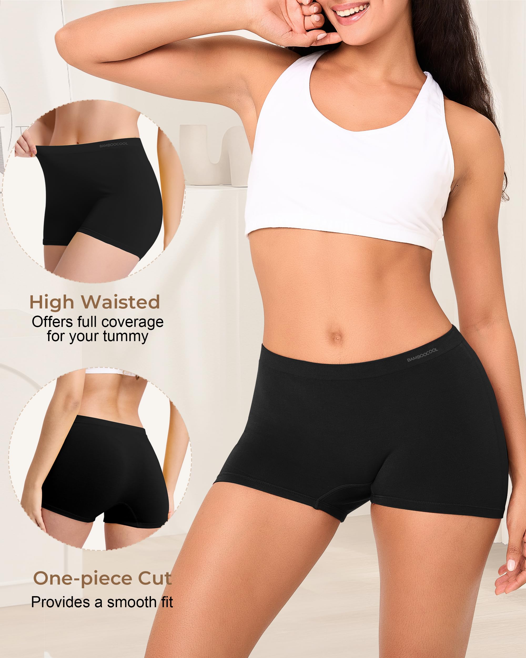 BAMBOO COOL Calzoncillos tipo bóxer para mujer, sin costuras, cintura media, elásticos, absorben la humedad, paquete de 5