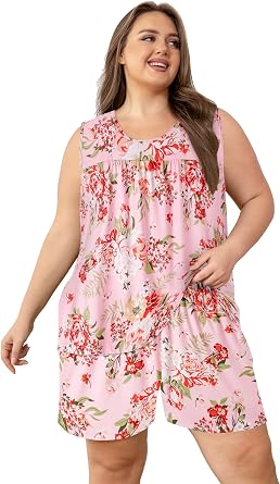 Vozanet Womens Sleeveless Pajama Sets Tank Top and Shorts Sleepwear With Pockets Plus Size Floral Ladies Nighty Loungewear