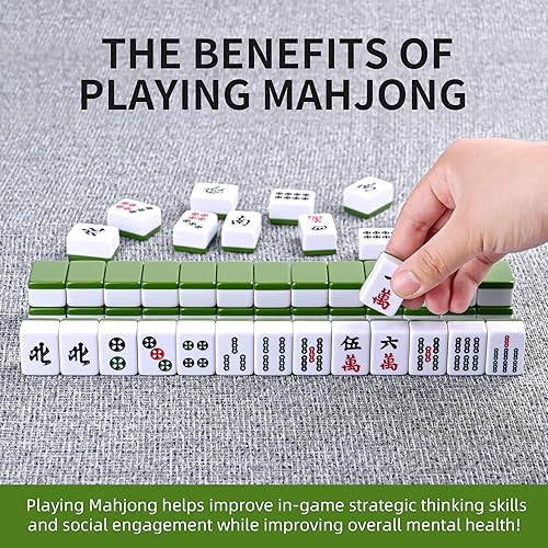 Miniatura 6 de TWBTC Juego completo de mahjong de 1.2 pulgadas (1.181 in) verde chino con 144 + 2 azulejos de melamina y caja de transporte portátil de viaje y