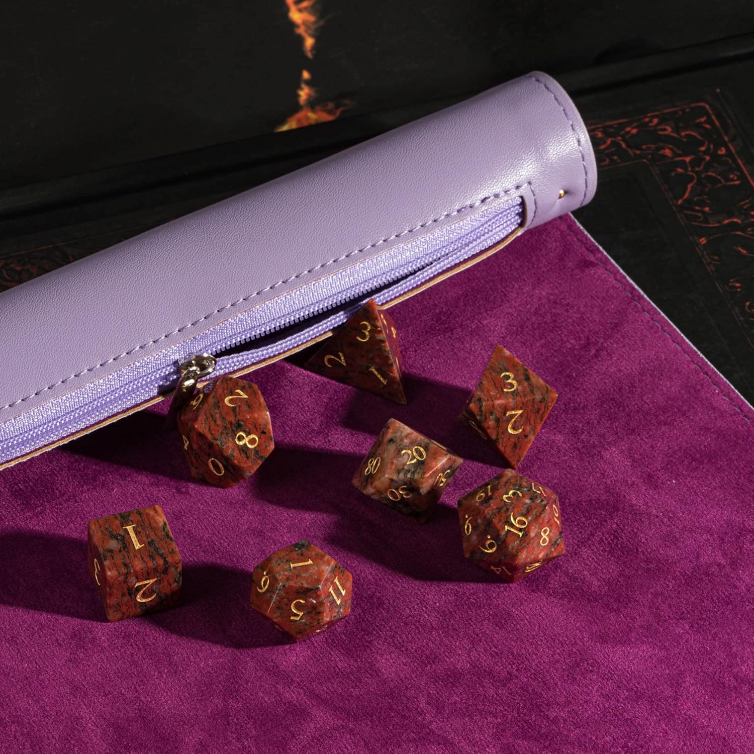 Cusdie 2 in 1 Dice Rolling Mat & Zippered Dice Holder DIce Tray- Compatible with DND Polyhedral Dice (Light Purple)