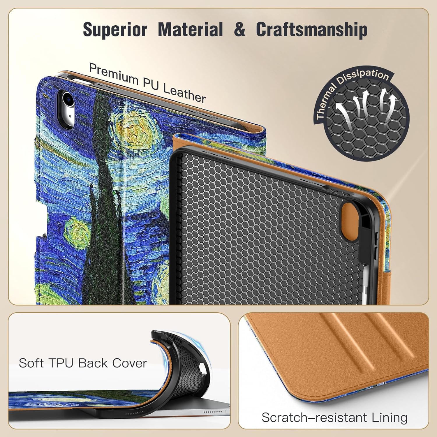 MoKo for iPad A16 Case 11-inch, iPad 11th/10th Generation Case (2025/2022) with Pencil Holder & Pocket, Premium Leather Folio Stand Cover, Multiple Viewing Angles, Starry Night - Image 5