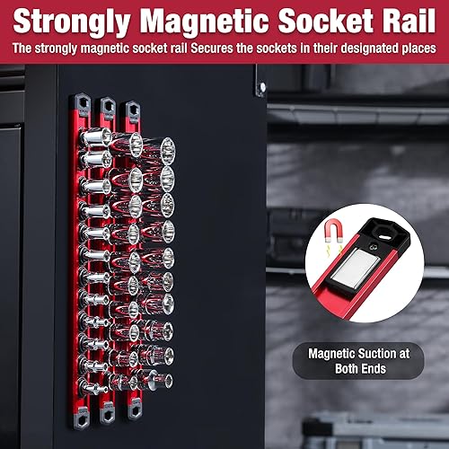 Miniatura 9 de WORKPRO Organizador magnético de zócalos, riel de enchufe de aleación de aluminio de 12 pulgada, soporte de enchufe resistente, kit de estante de