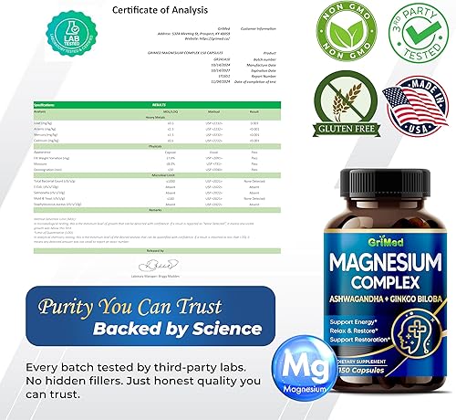 Miniatura 7 de Complejo de magnesio 8,600 mg - x8 potencia con Ashwagandha + Ginkgo Biloba - Relájate y restaura, sueño reparador - Fabricado y probado en Estados