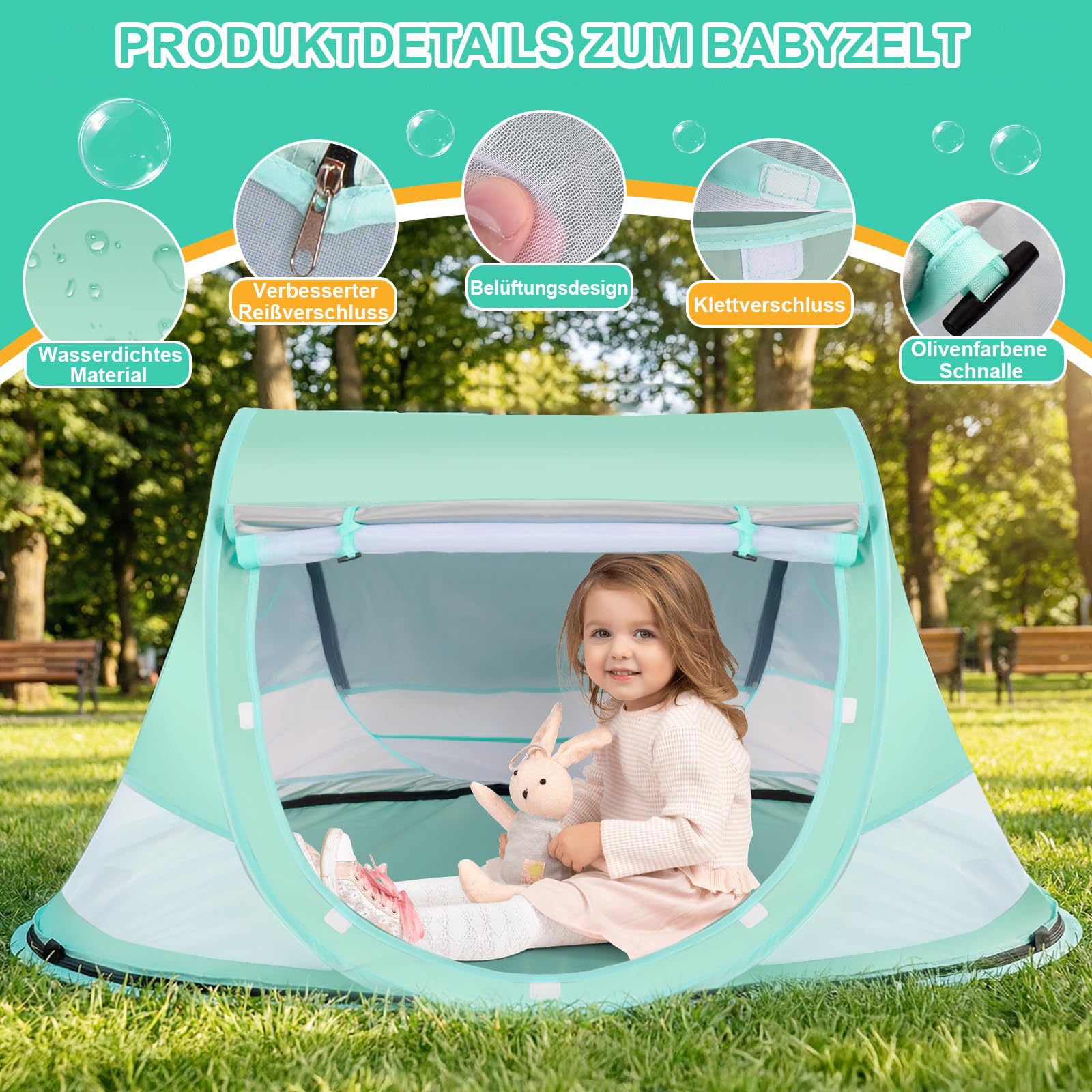 Tente de plage pour bébé - Protection UV 50 - Tente de plage pop-up - Protection solaire pour la plage - Moustiquaire à 360° - Avec sac de transport pour les voyages et le camping - Convient