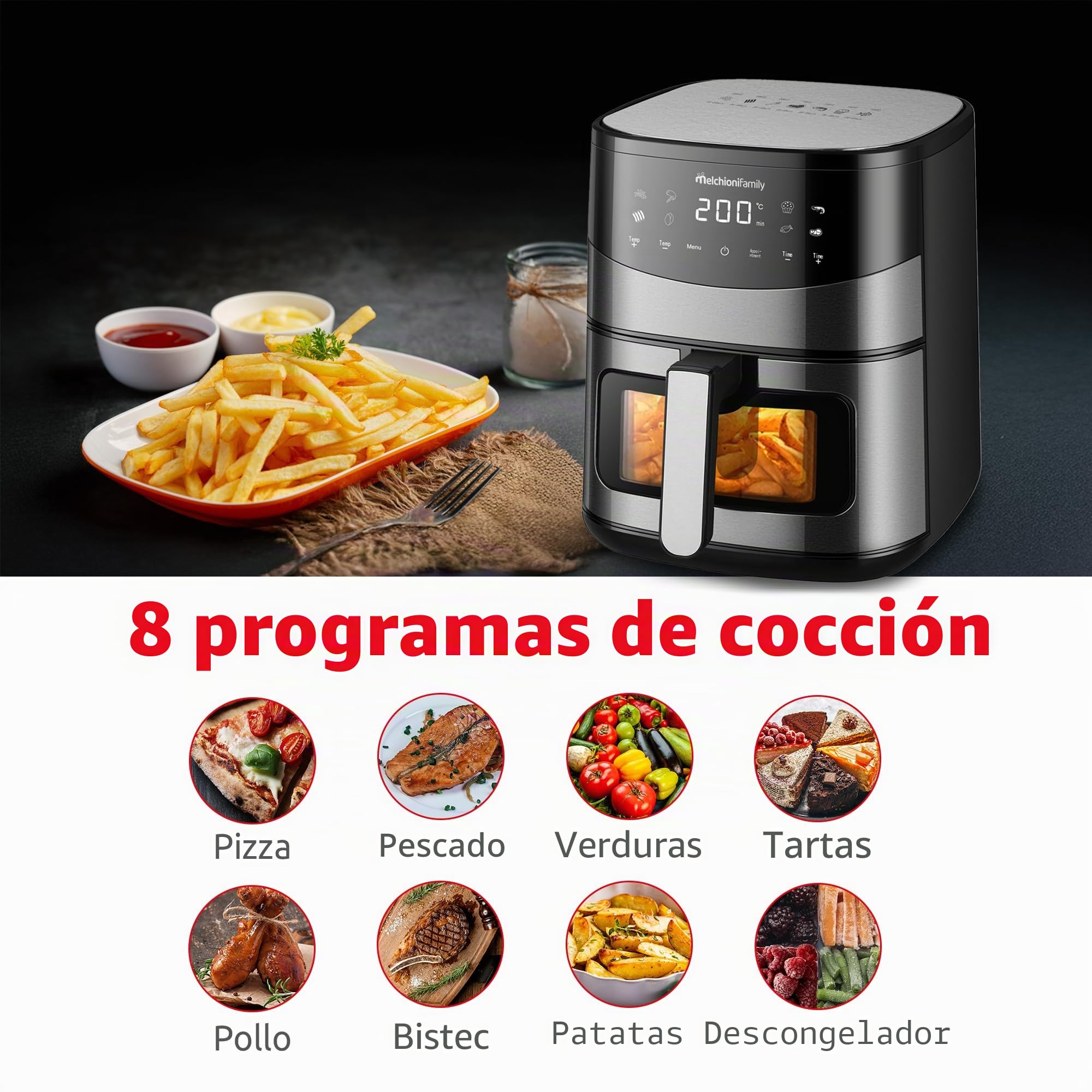 Melchioni Family | ARIANNA Freidora de Aire 6,5L con Doble Resistencia | Air Fryer con Pantalla LED, 8 Programas, Temporizador, Cesta con Ventana, 2000W