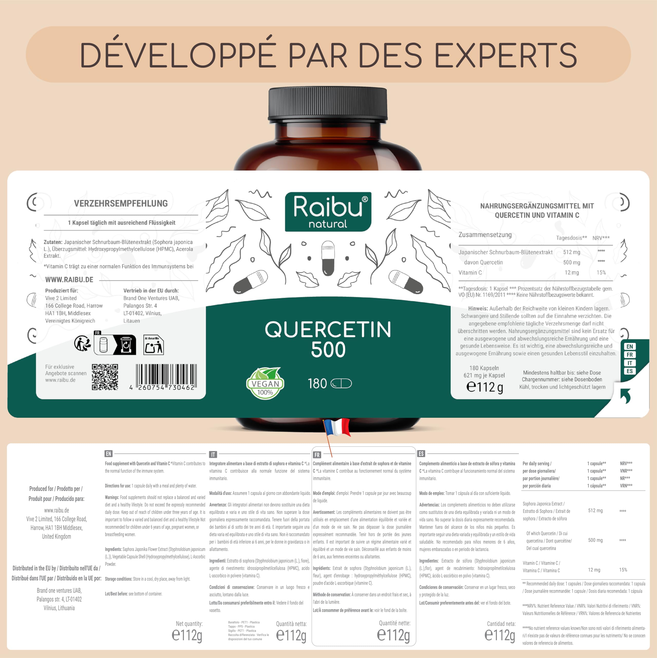 Quercétine, 180 Gélules pour 6 Mois - 500 mg par Gélule, Quercétine issue des Fleurs de Sophora Japonica - Flavonoïdes Haute Biodisponibilité - Testé en laboratoire, Sans Additifs - RAIBU
