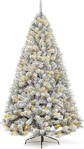 JOIEDOMI Árbol de Navidad artificial preiluminado de 6 pies, árbol de Navidad flocado de nieve de tamaño completo con 300 luces LED blancas cálidas,
