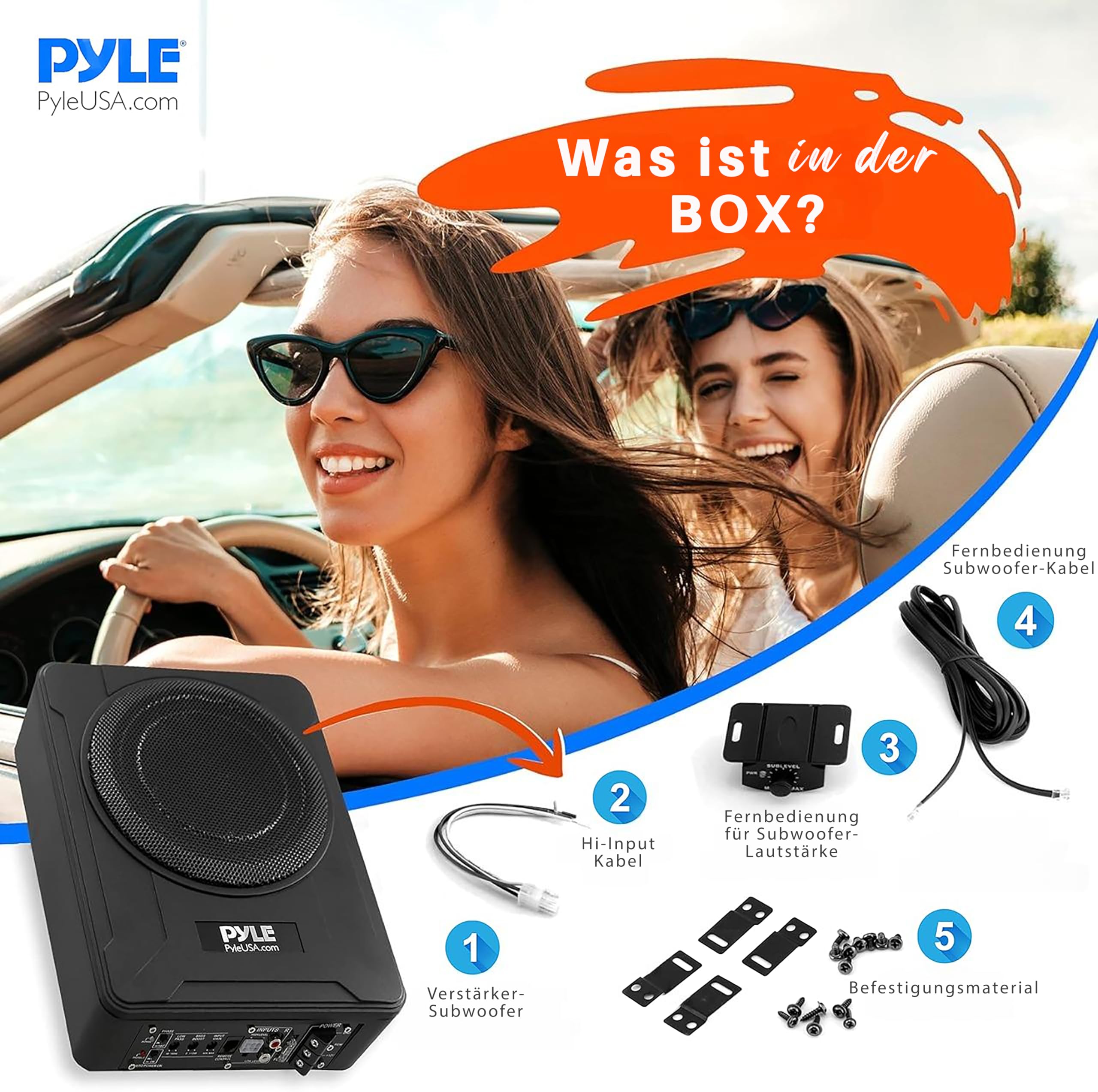 Pyle 600W Untersitz Subwoofer Aktiv – 8" Flacher Auto Lautsprecher mit Verstärker – Car & Marine Speakers mit Variabler Bassboost inkl. Montagematerial & Fernbedienung – Schlankes Design in Schwarz