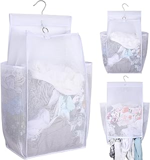 Hanging Collapsible Breathable Mesh Laundry Hamper, White, 24 x 14.2 x 7.5 in