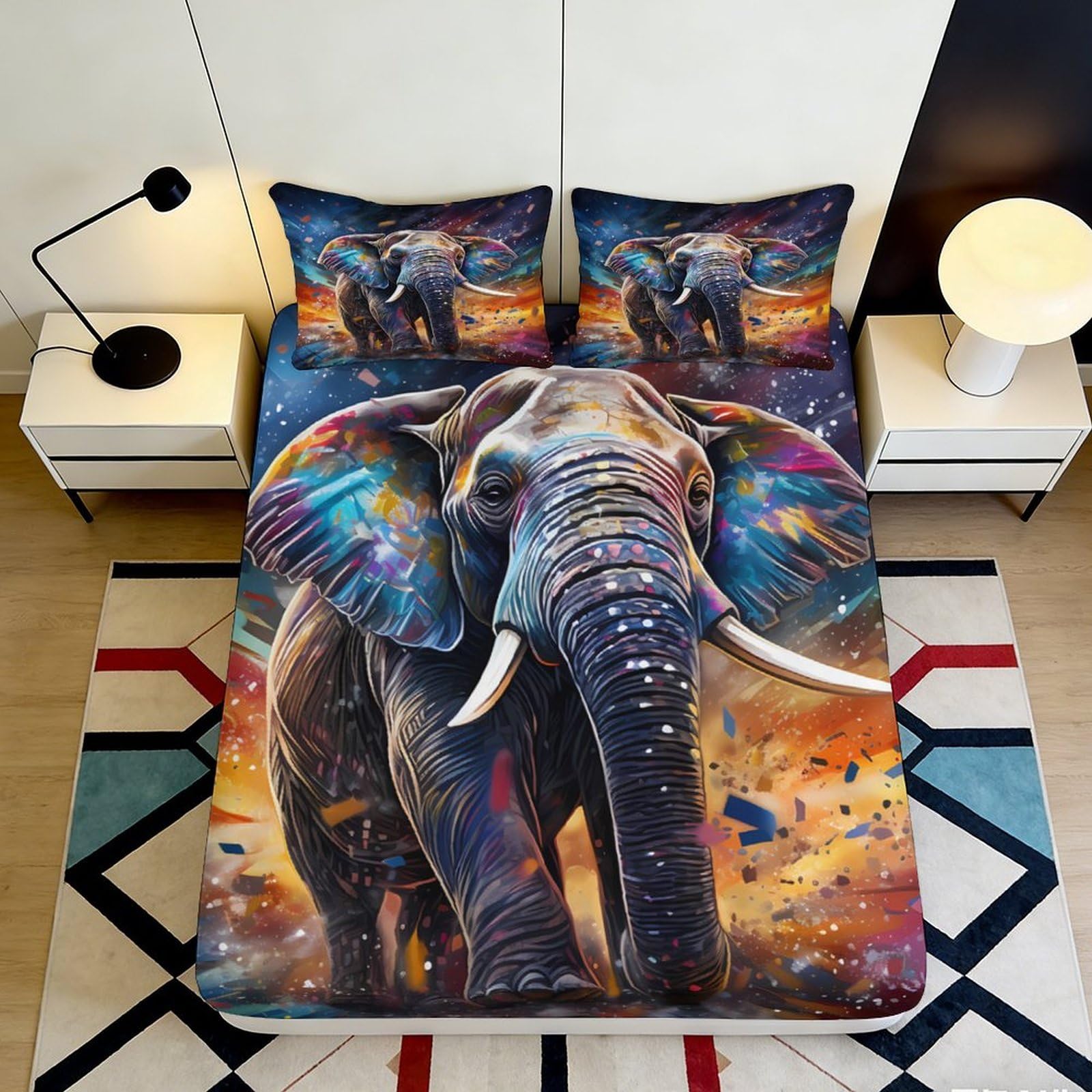 3D Printed Colorful Elephant Fitted Sheet Microfiber Soft Breathable Cosmic Nebula Mattress Cover for Bedroom Dormitory Guest Room Protection Decor 120x200x25cm