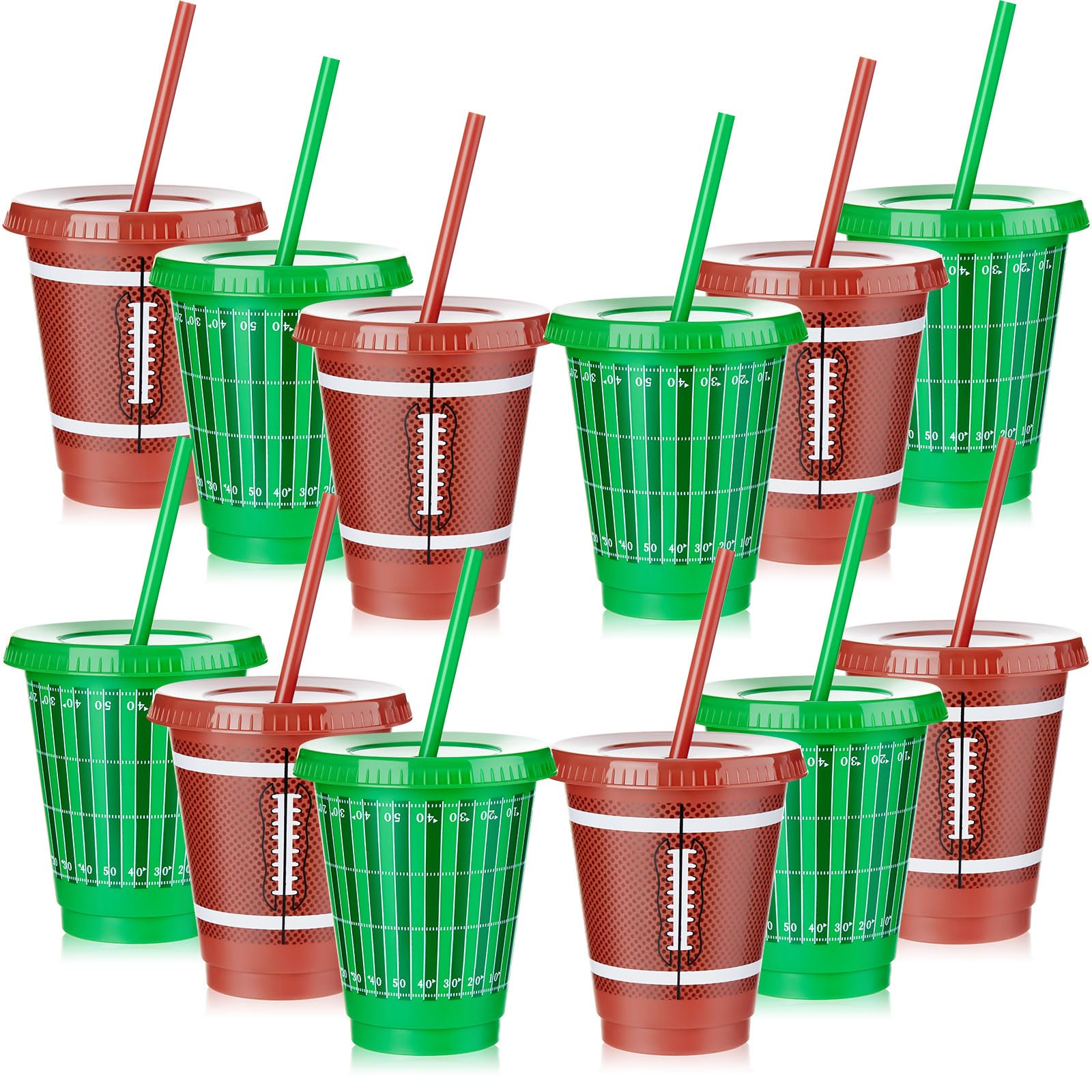 Uiifan 12 Pcs 16oz Football Cups with Lid and Straw Football Party Favors Plastic Reusable Tumbler for Sport Birthday Party Decoration