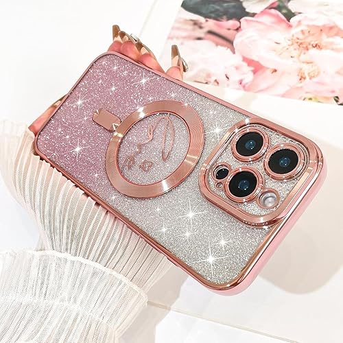 Vista 360 de Fiyart - Funda transparente magnética con purpurina para iPhone 12 para mujeres, con grabado "Love" metálico, protección para cámara y antigolpes