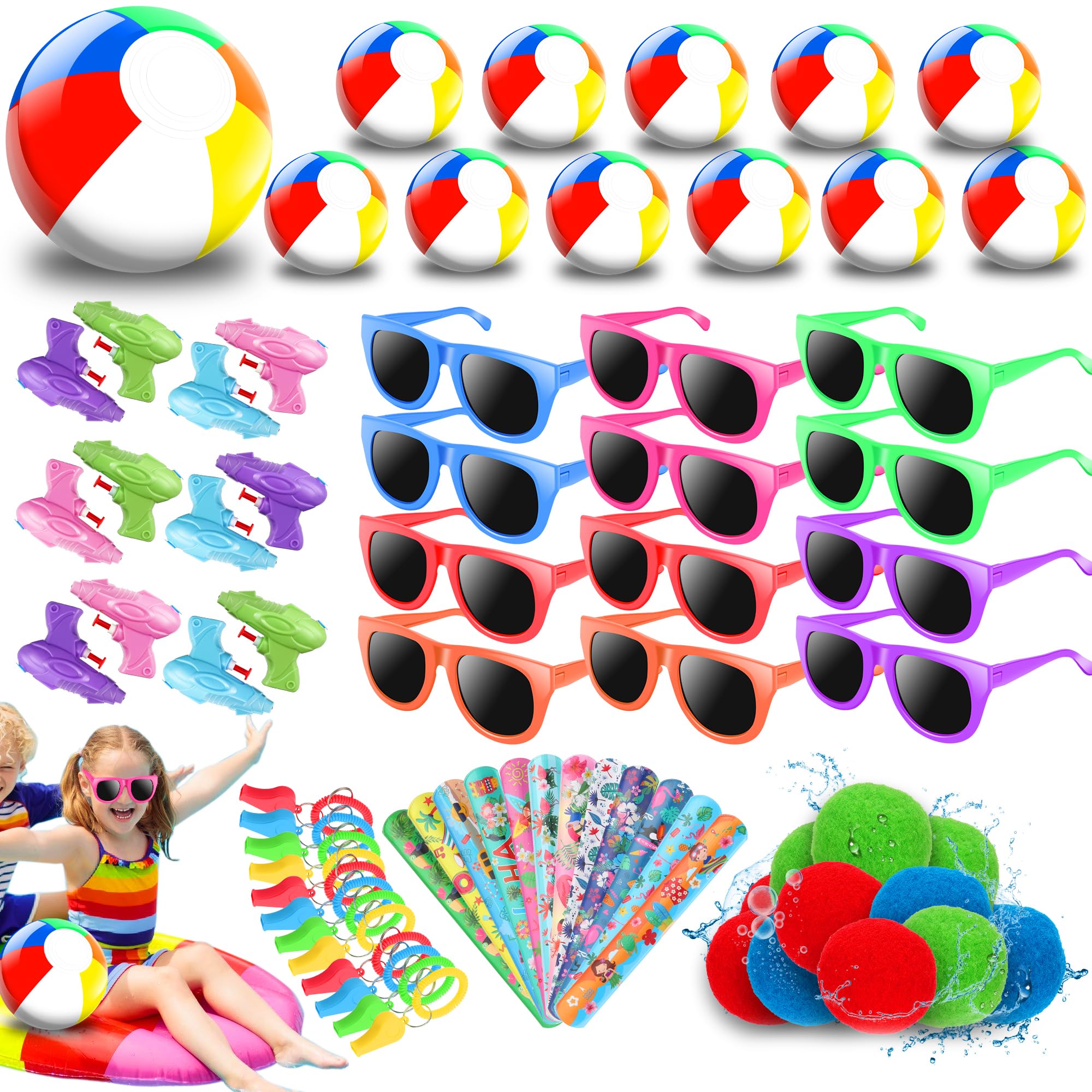 Extpro Pool Beach Party Favors, 72Pcs Summer Pool Toys Goodie Bags Set for Kids Inflatable Beach Balls, Sunglasses, Slap Bracelets, Water Gun, Water Balls, Whistles for Kids Birthday Party Decorations
