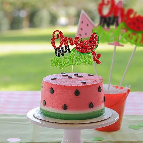 Miniatura 6 de Gyufise Decoración de pastel de sandía para el primer cumpleaños con purpurina One in a Melon Cake Pick para verano, temática de frutas, primer